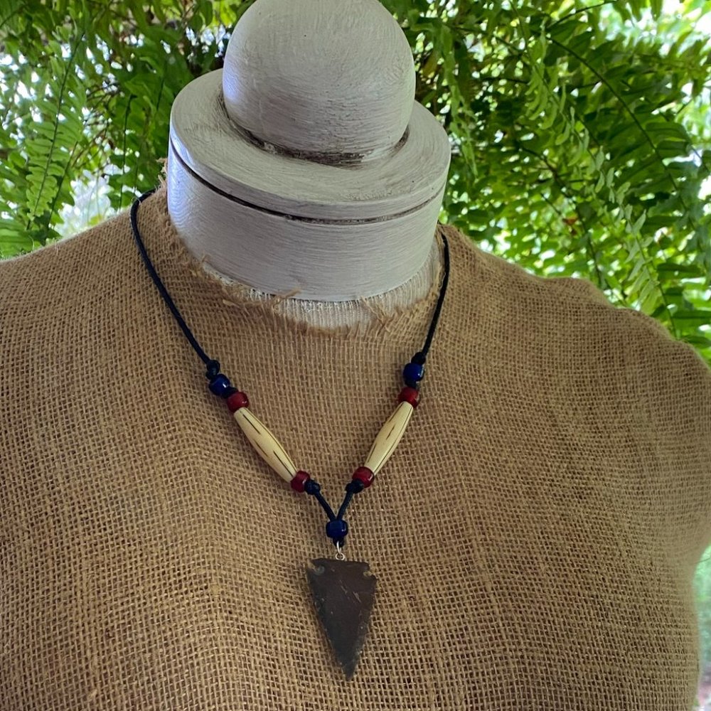 Arrowhead, bone beads, trade beads necklace